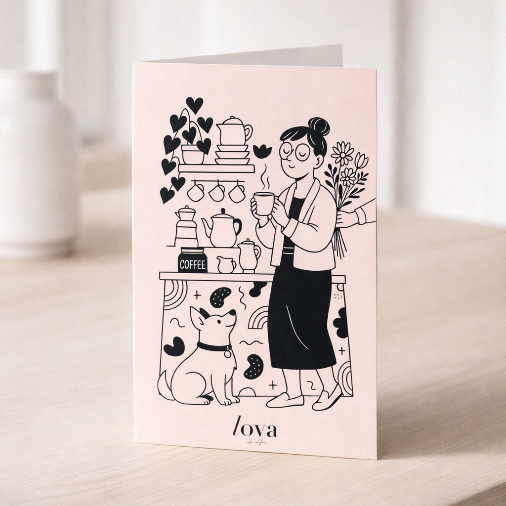 Greeting card with illustration of a person and kitchen items on a pink background, placed on a wooden surface.