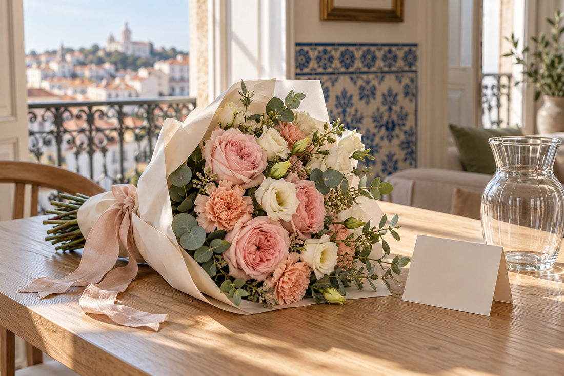 Ilustração criada com IA: ramo rosa e pêssego, cartão em branco e jarra num interior inspirado em Lisboa