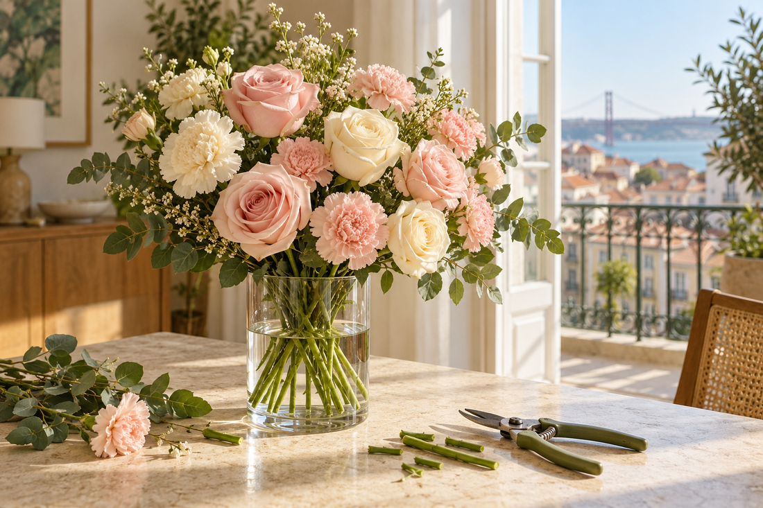 Cut flowers in fresh water with pruning shears, AI-generated editorial illustration