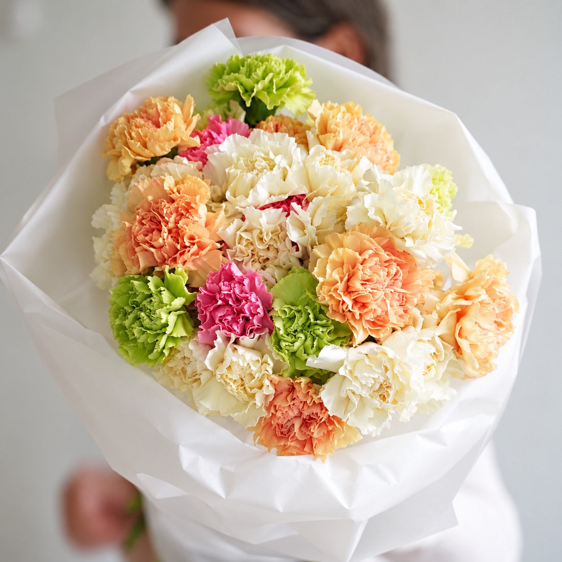 Pastel dianthus bouquet by LOVA, AI-enhanced photograph