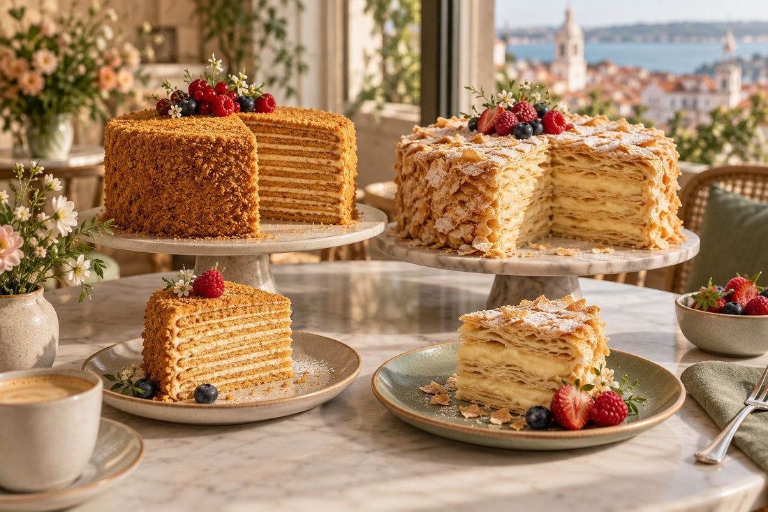Editorial illustration of Medovik and Napoleon layered cakes