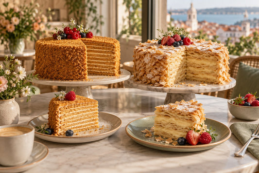 Editorial illustration of Medovik and Napoleon layered cakes