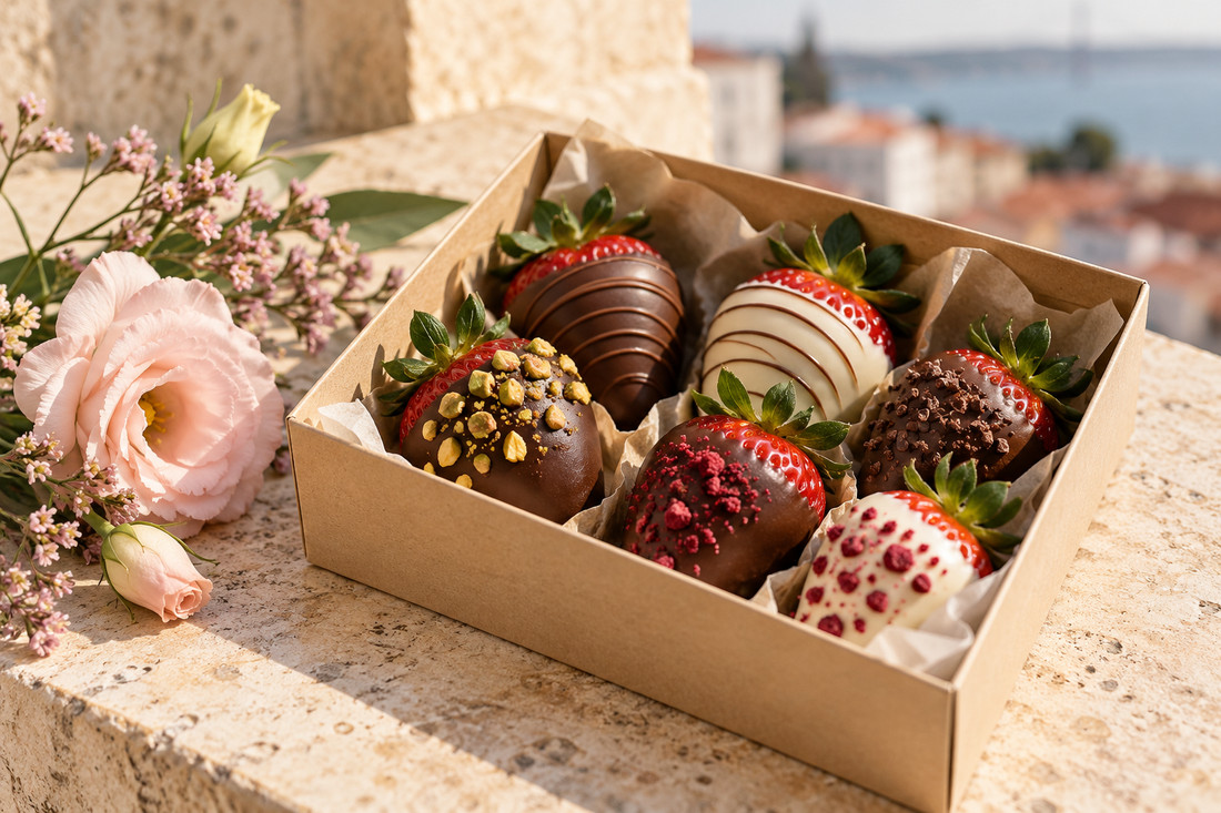 Chocolate-dipped strawberries with flowers, AI-generated editorial illustration