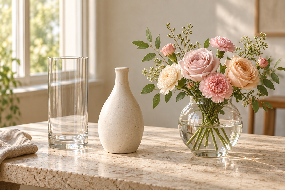 Three vase shapes with a pastel bouquet, AI-generated editorial illustration