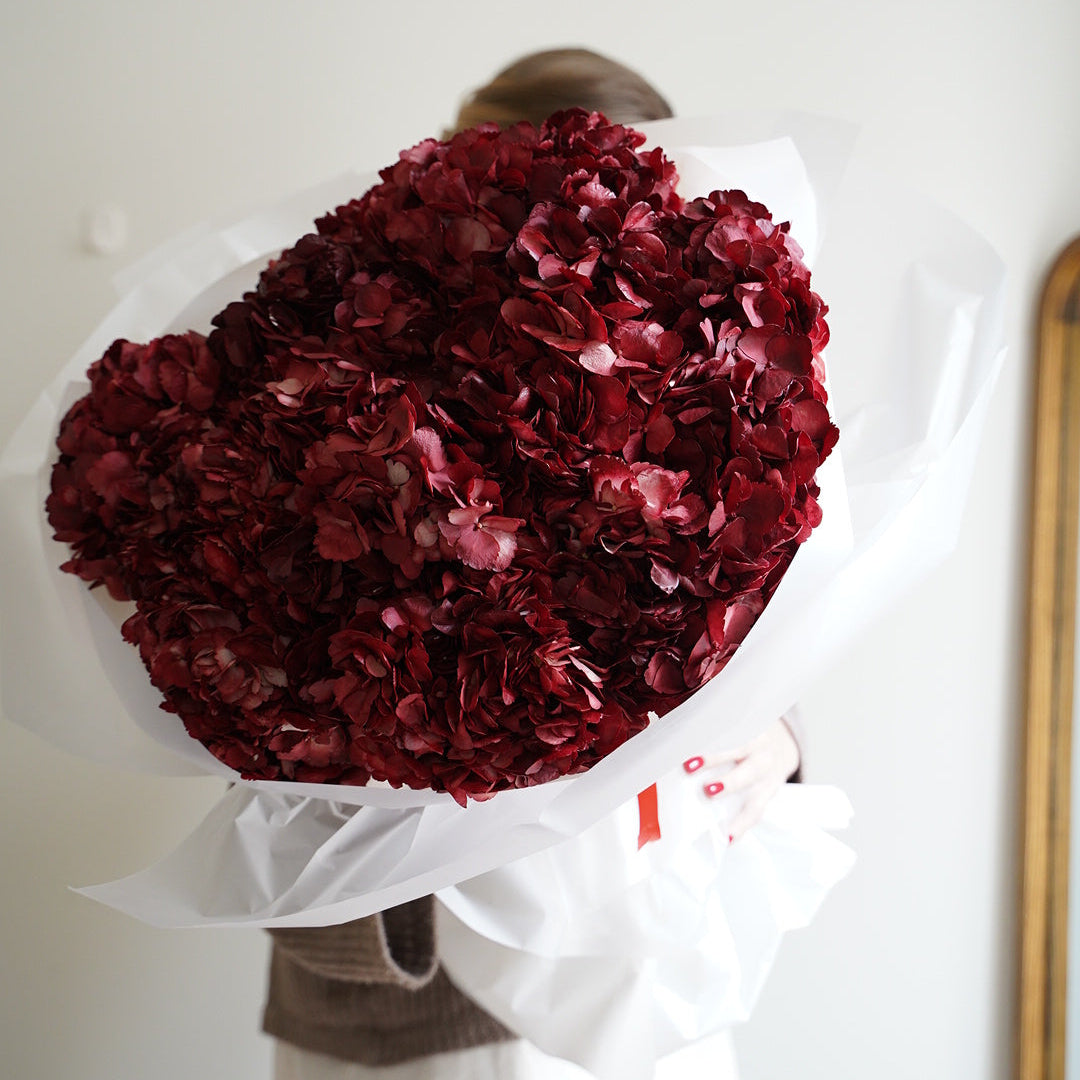 Extra large burgundy hydrangea bouquet, 35 stems, statement flowers wrapped in white paper
