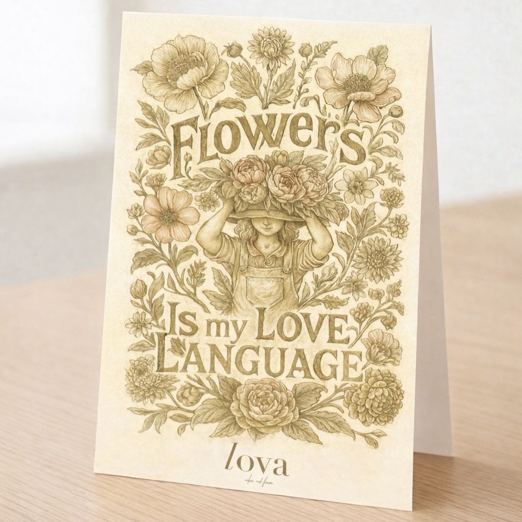 Decorative card with floral design and text on a wooden surface
