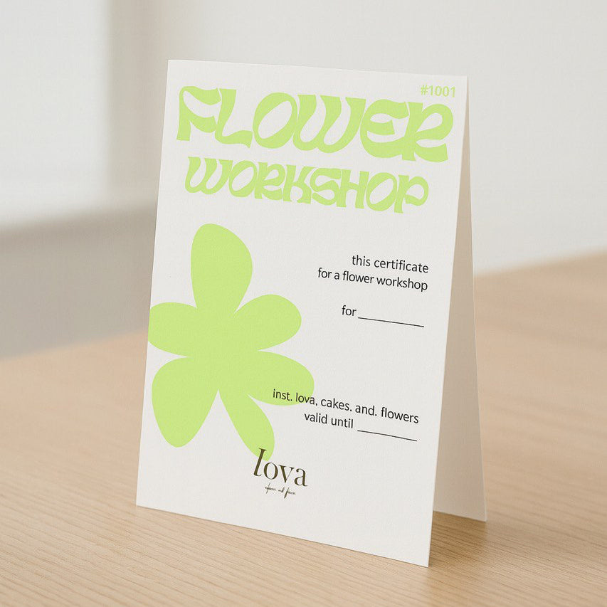 Flower workshop certificate with green flower design on a white background