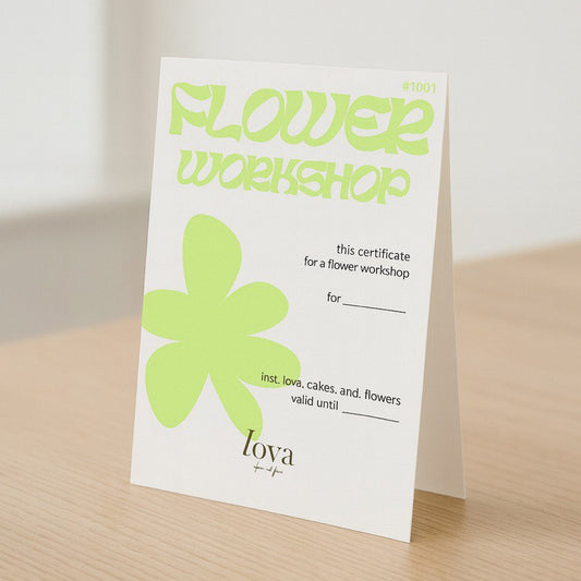 Flower workshop certificate with green flower design on a white background