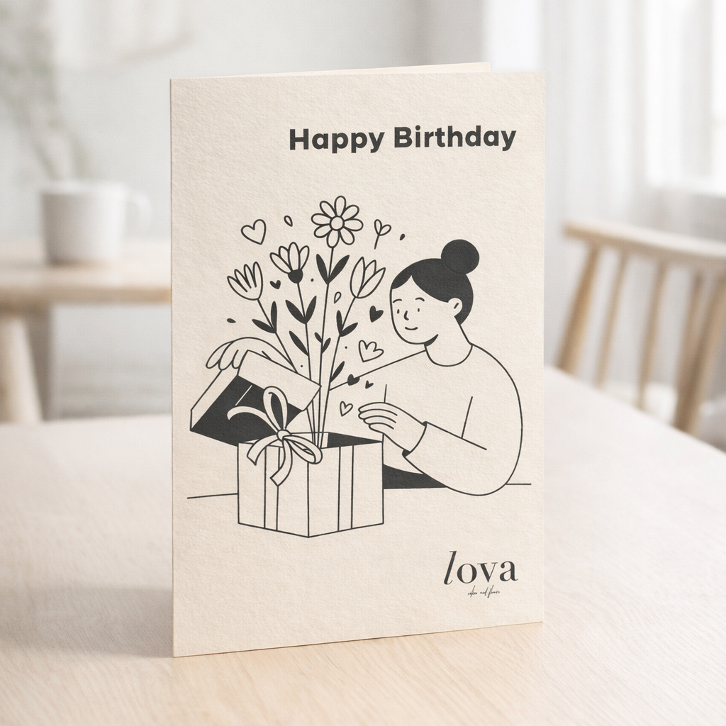 Birthday card with illustration of a person opening a gift and text 'Happy Birthday' on a table.