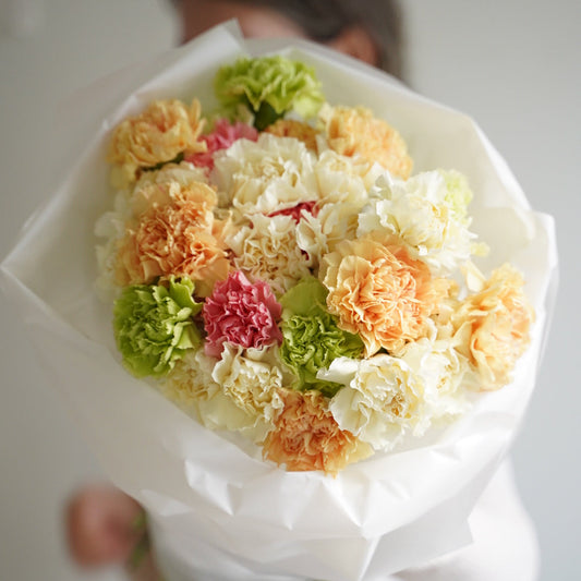 Medium mixed dianthus bouquet, 35 stems, pastel carnation flowers in elegant white wrapping