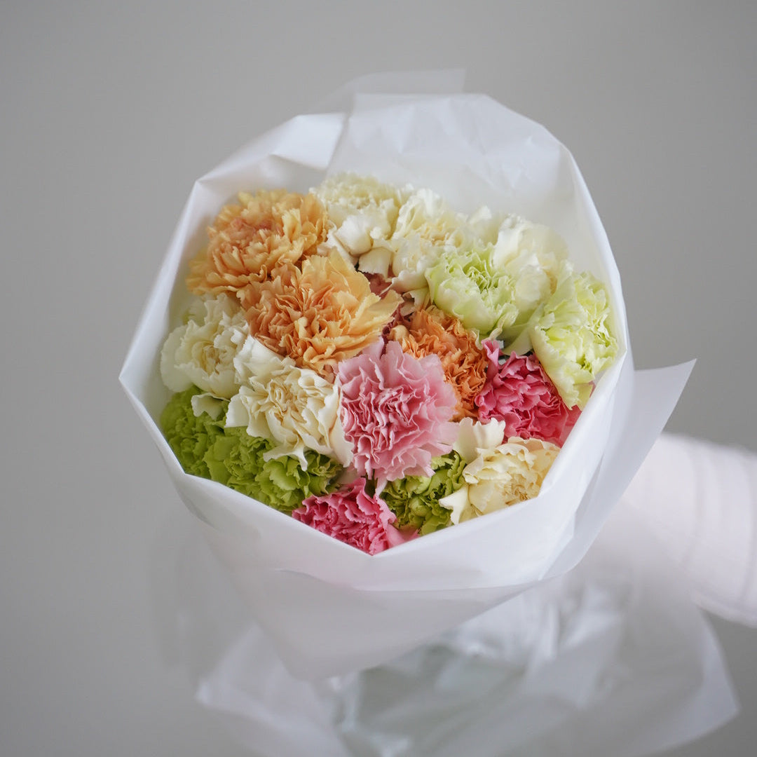 Mixed dianthus bouquet with 21 stems, soft pastel carnations wrapped in minimalist white paper
