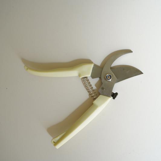 Garden pruner with beige handle on a white background