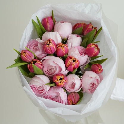 Romantic pastel bouquet with ranunculus and tulips, premium flower gift Lisbon
