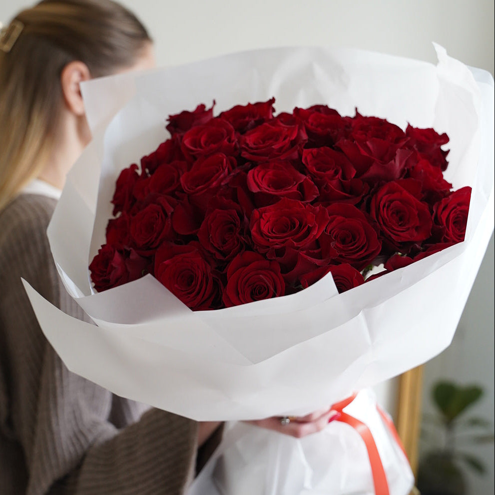 Medium bouquet of red roses, 35 stems, elegant classic rose arrangement