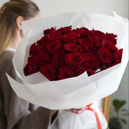 Medium bouquet of red roses, 35 stems, elegant classic rose arrangement